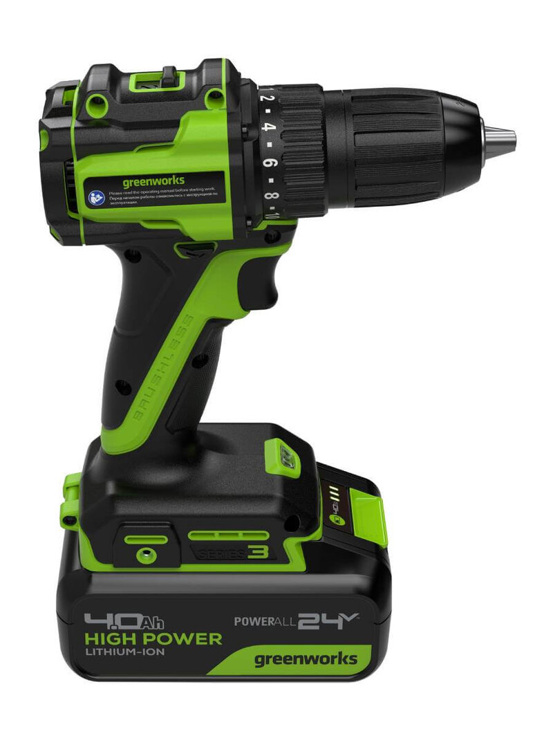 Дрель-шуруповерт Greenworks DD345 (3708307CUB) [24В, 1х4.0 Ач, бесщеточный, кейс]