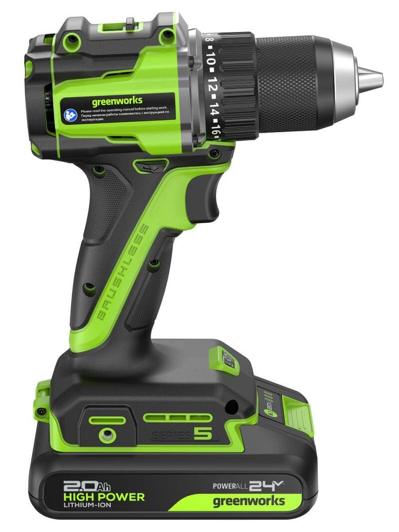 Дрель-шуруповерт Greenworks DD560 Anti-kickback (3708407CUC) [24В, 2х2.0 Ач, бесщеточный, кейс]