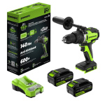 Дрель-шуруповерт ударный Greenworks GD24DD140 Anti-kickback (3707607CUD) [24В, 2х4.0 Ач, бесщеточный, кейс]