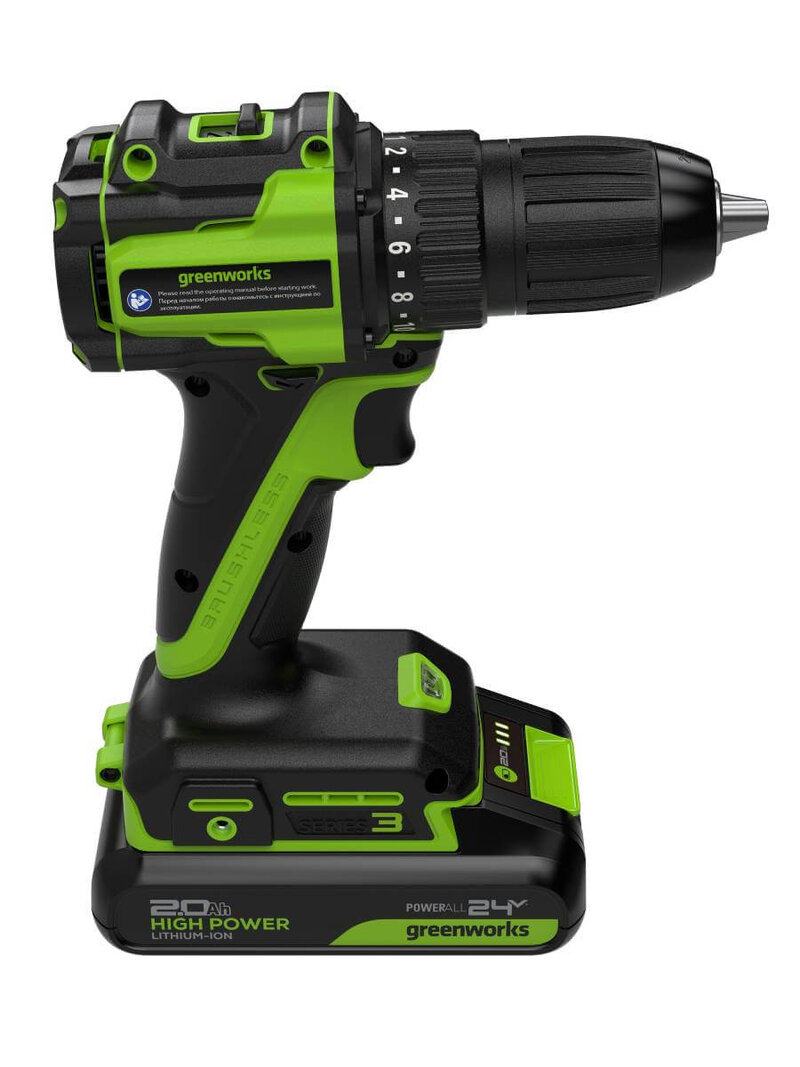 Дрель-шуруповерт Greenworks DD345 (3708307CUA) [24В, 1х2.0 Ач, бесщеточный, кейс]