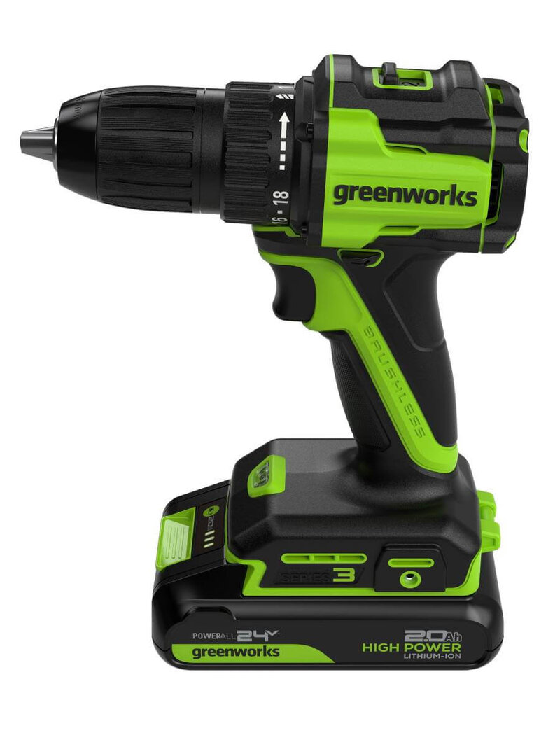 Дрель-шуруповерт Greenworks DD345 (3708307CUA) [24В, 1х2.0 Ач, бесщеточный, кейс]