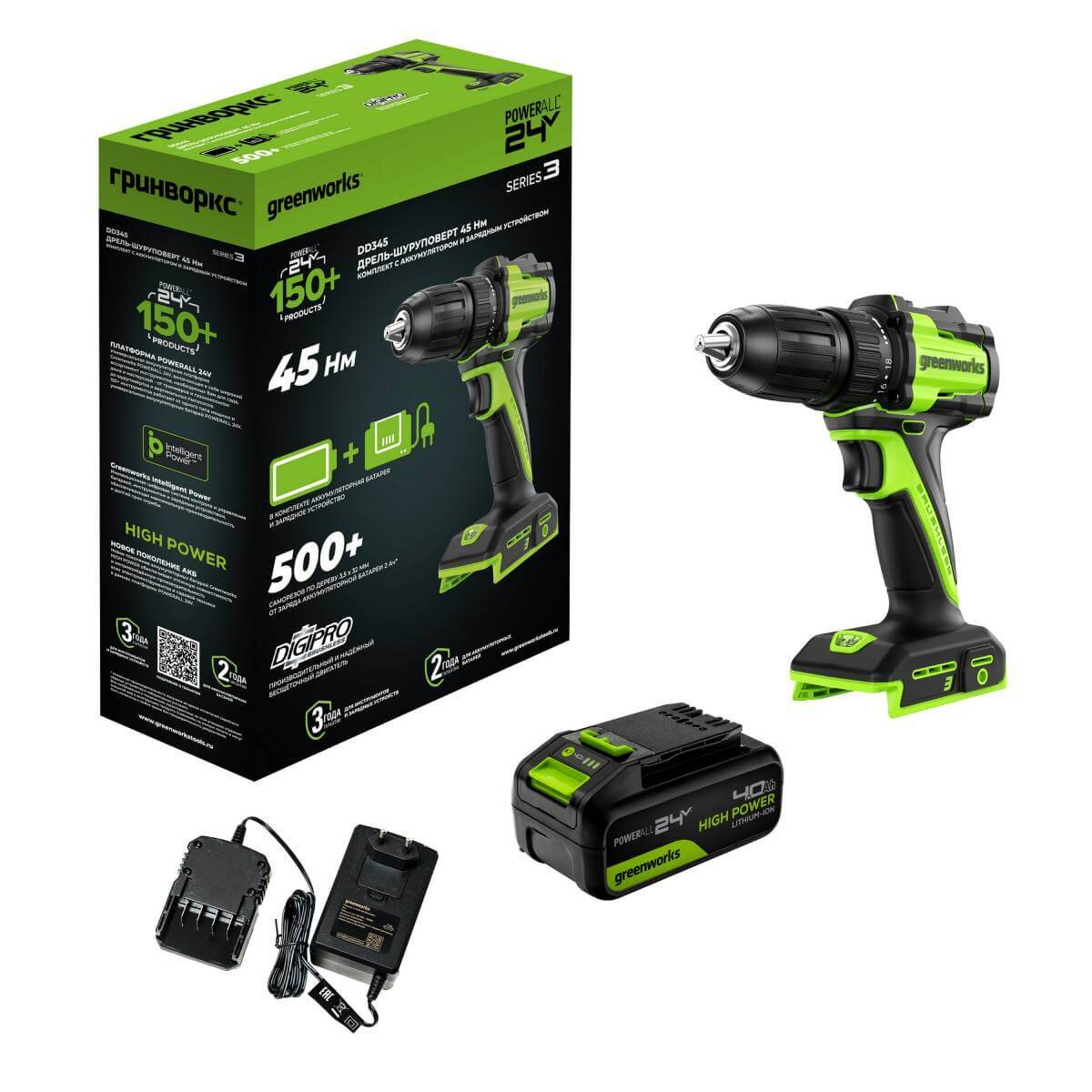 Дрель-шуруповерт Greenworks DD345 (3708307CUB) [24В, 1х4.0 Ач, бесщеточный, кейс]